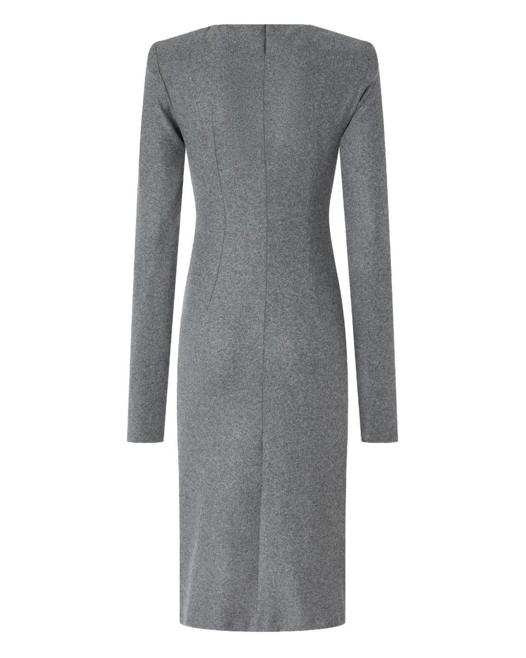 Pinko Gray Fitted Midi Dress With Asymmetrical Neckline And Ruched Detailing