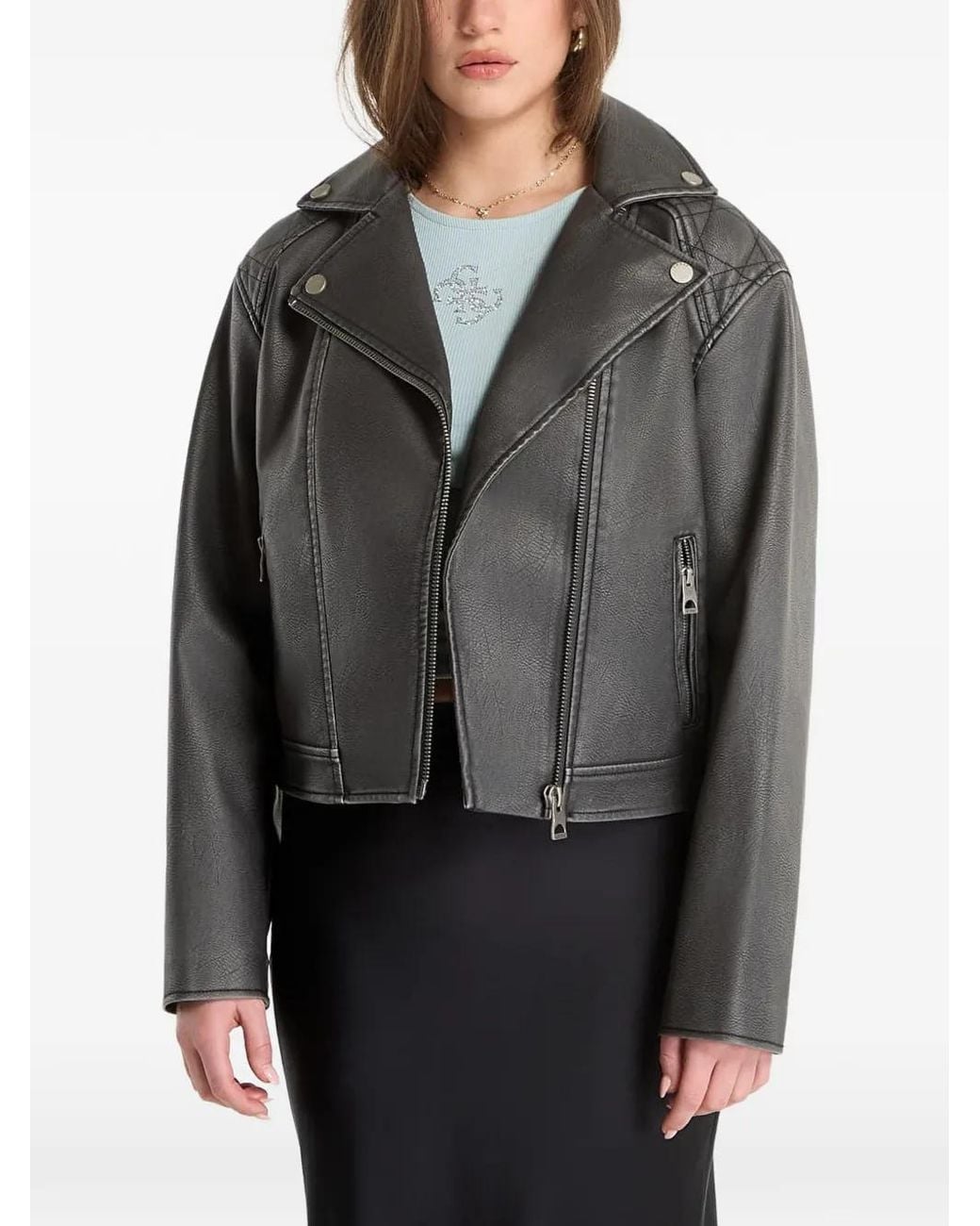 Guess Gray Quilted-Panel Belted Long Sleeved Jacket