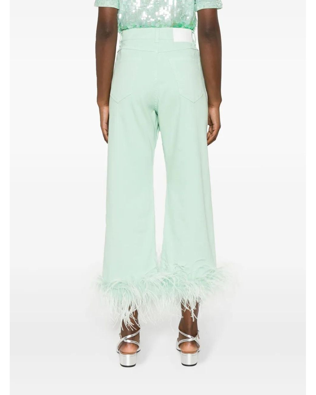 P.A.R.O.S.H. Green Feather-Trim Stretch-Cotton Jeans
