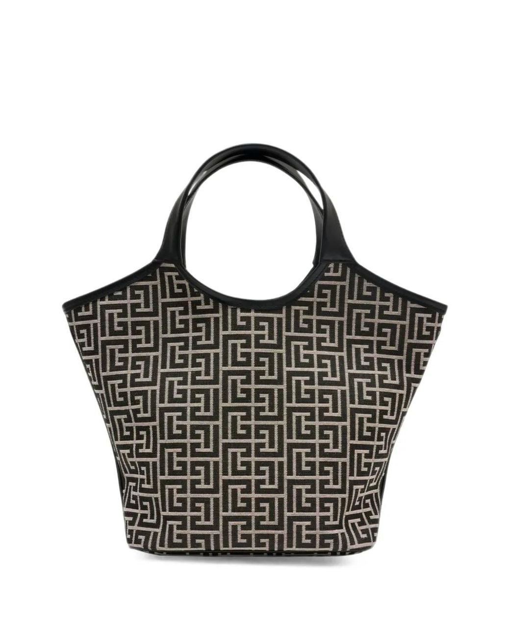 Balmain Black Monogram-Pattern Leather Tote Bag