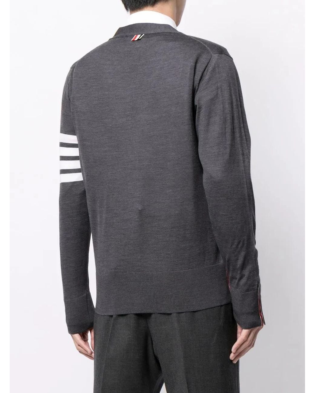 Thom Browne Gray 4-Bar V-Neck Merino Cardigan for men