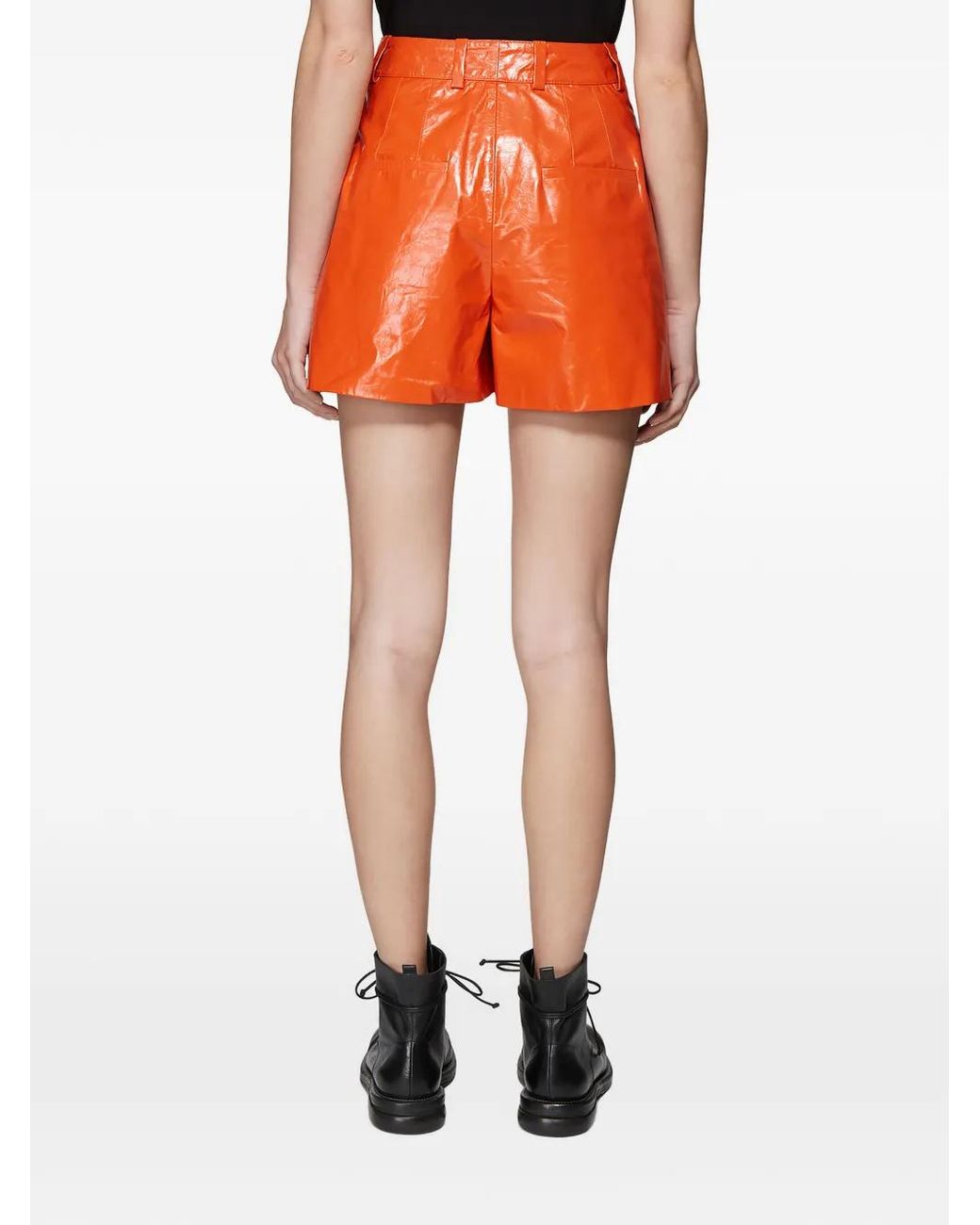 Olivier Theyskens Orange Wrinkled Leather Patch-Pocket Shorts