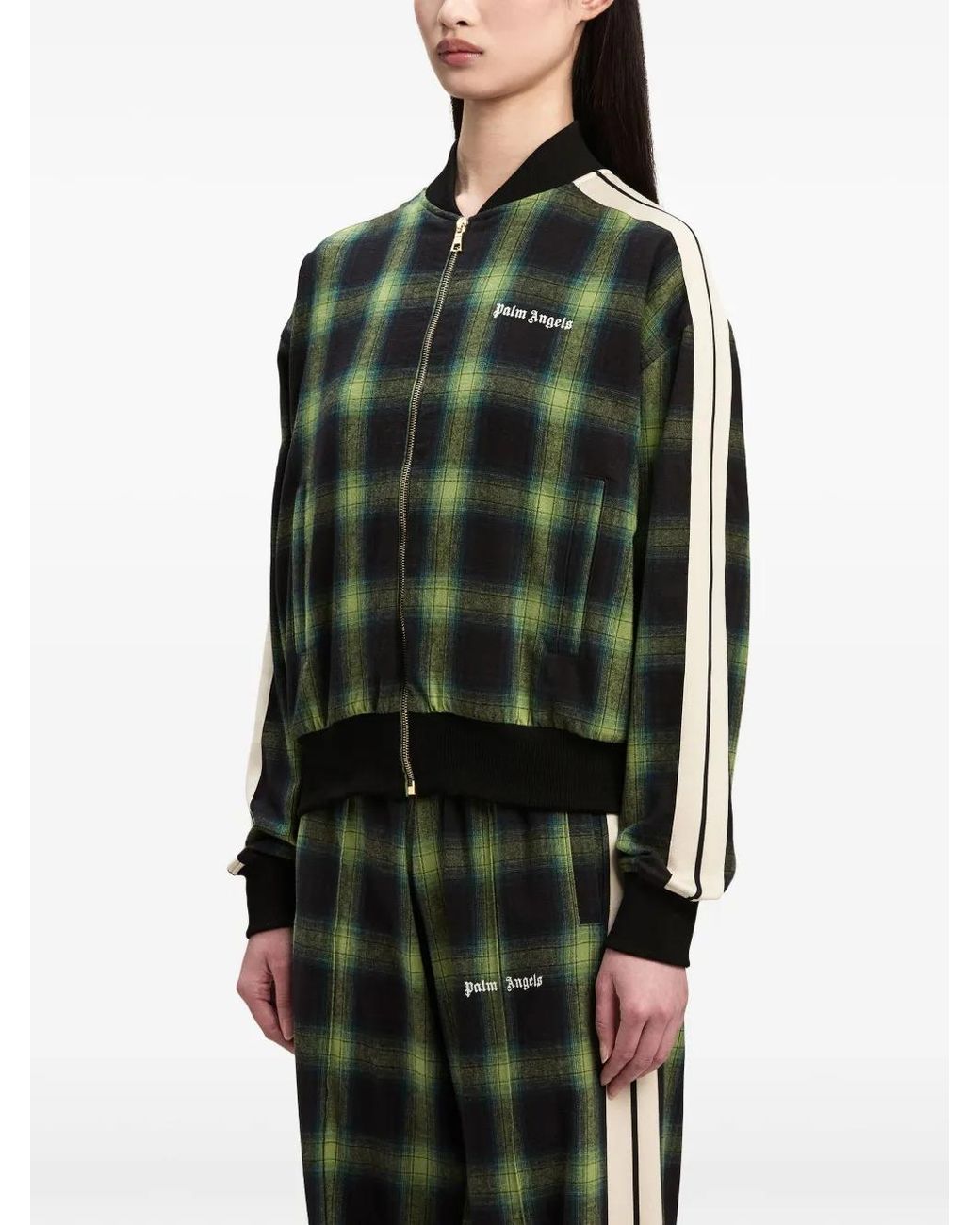 Palm Angels Green Logo-Embroidered Plaid Bomber Jacket