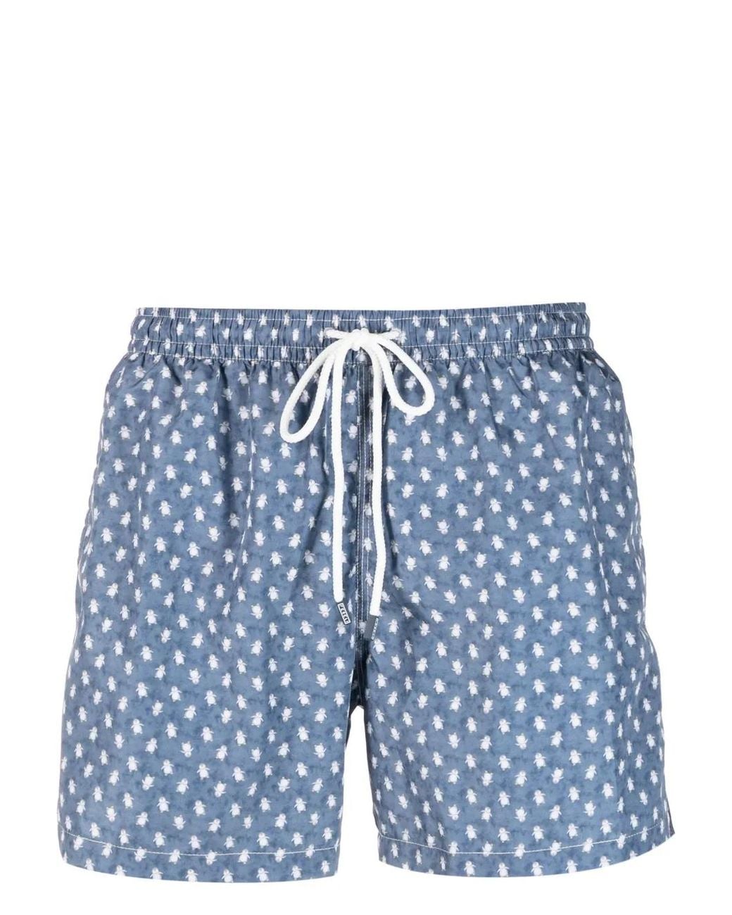 Fedeli Blue Penguin-Print Swim Shorts for men