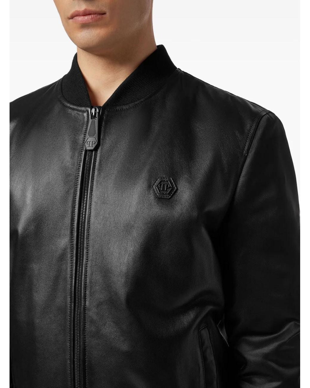 Philipp Plein Black Leather Bomber With Nylon Sleeves for men