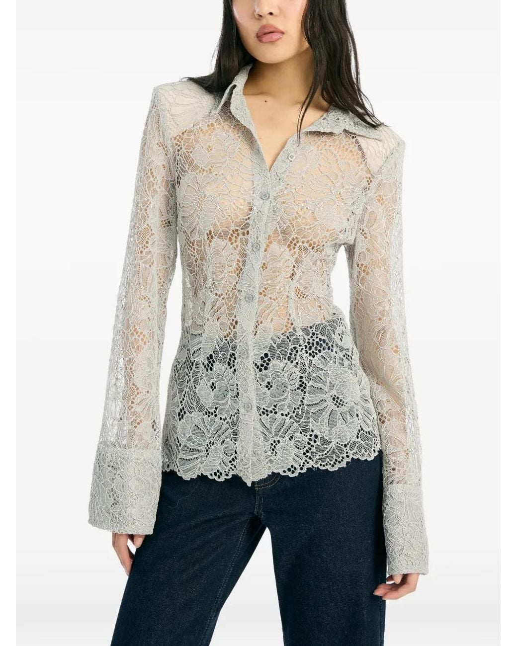 ROTATE BIRGER CHRISTENSEN Gray Lace Buttoned Shirt