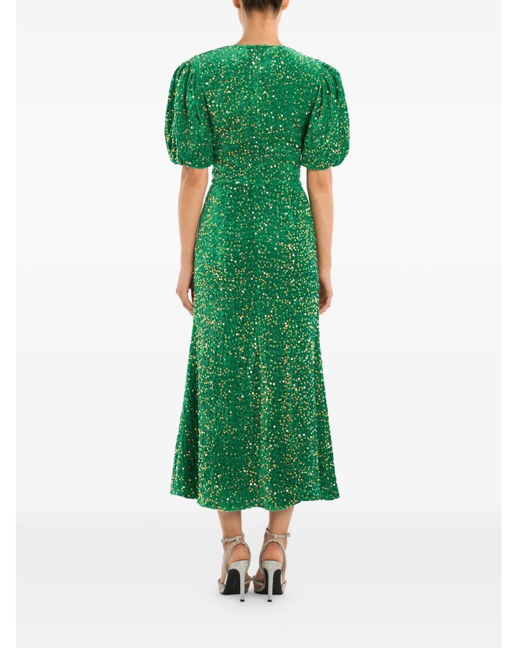 POST MERIDIEM Green Sequin-Embellished Puff-Sleeve Midi Dress