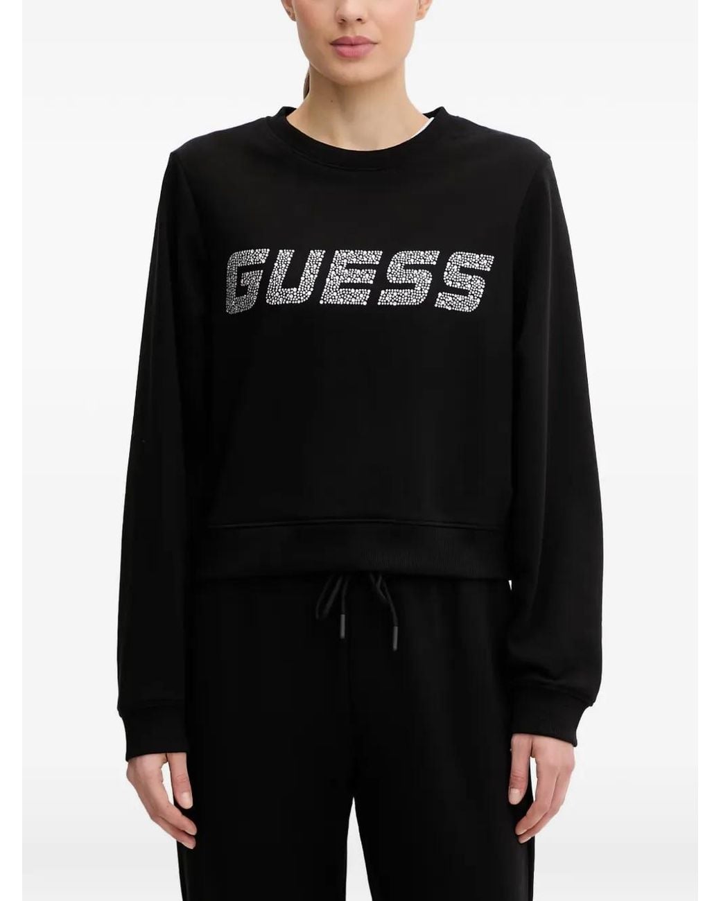 Guess Black Rhinestone-Embellished Cropped Sweatshirt