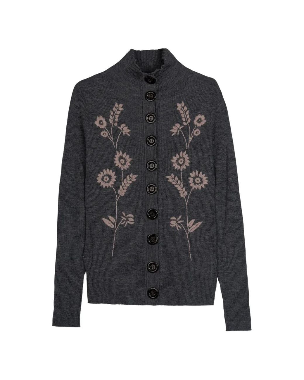 Antik Batik Black Chauchau Floral-Embroidered Ribbed Cardigan