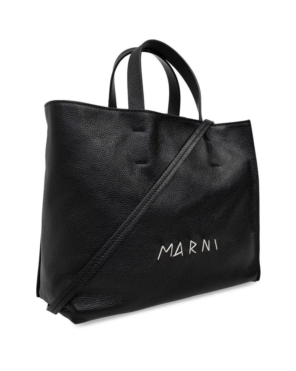 Marni Black Leather Museo Soft Tote Bag With Embroidery