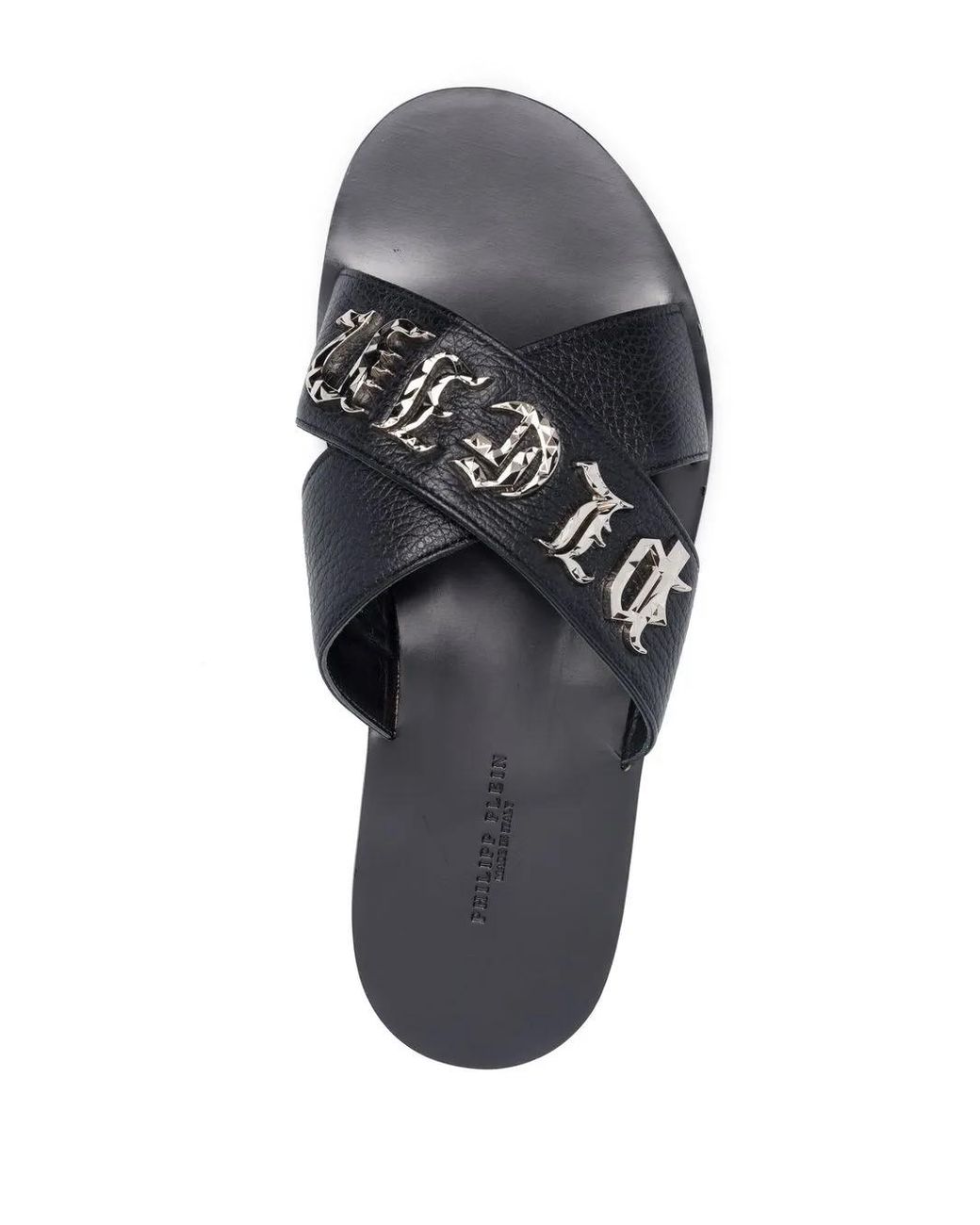 Philipp Plein Black Cross-Strap Leather Slides for men