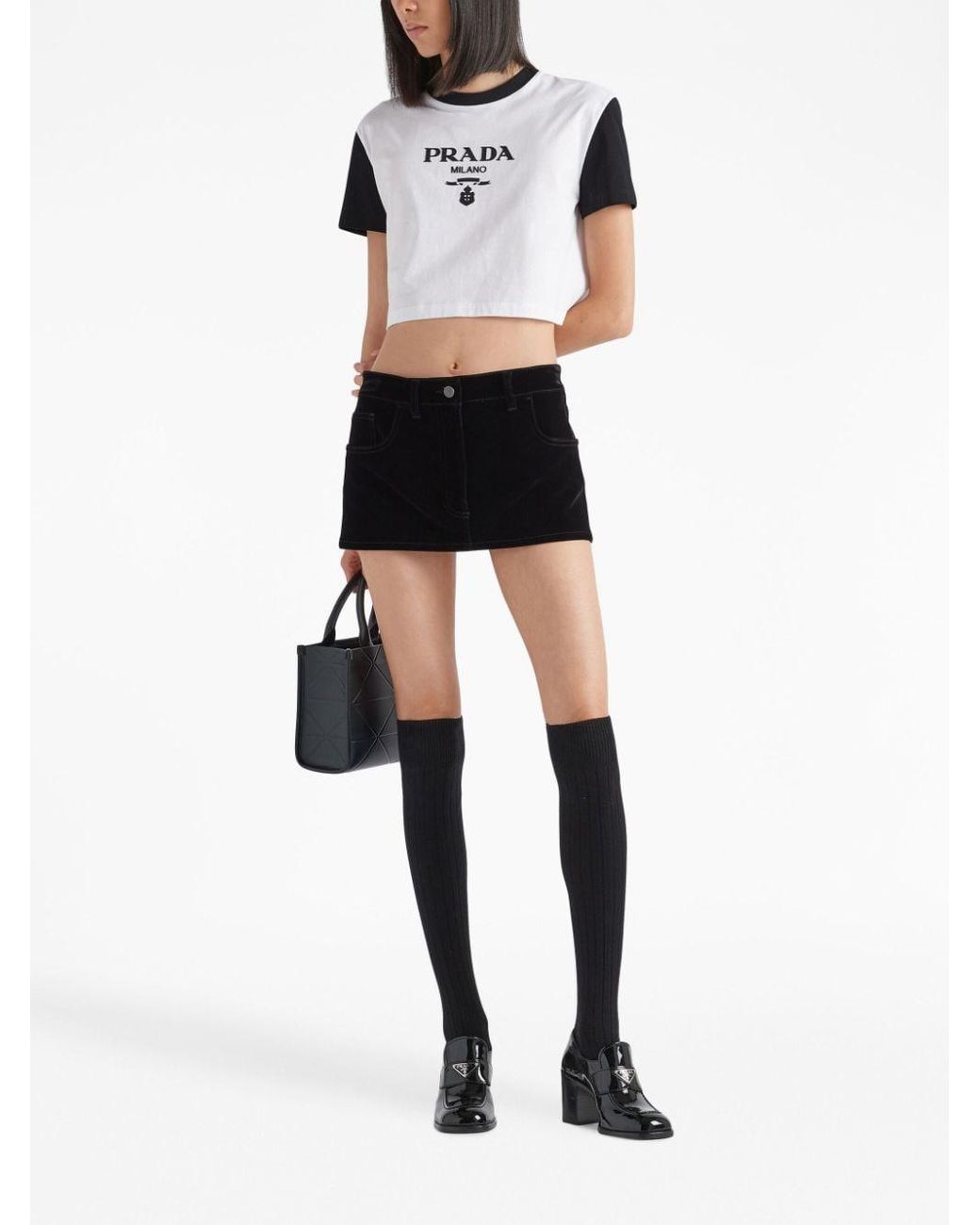 Prada Logo-Print Cropped T-Shirt in White | Lyst