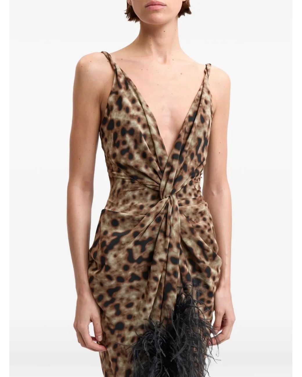 16Arlington Brown Wye Leopard-Print Feather-Trim Maxi Dress