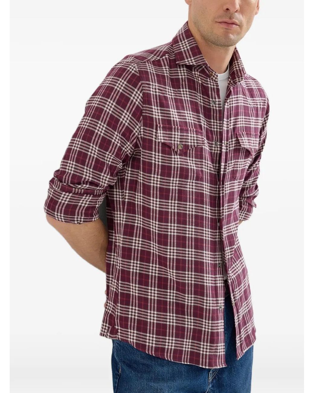 Brunello Cucinelli Purple Cotton And Lyocell Tartan Flannel Western Shirt for men