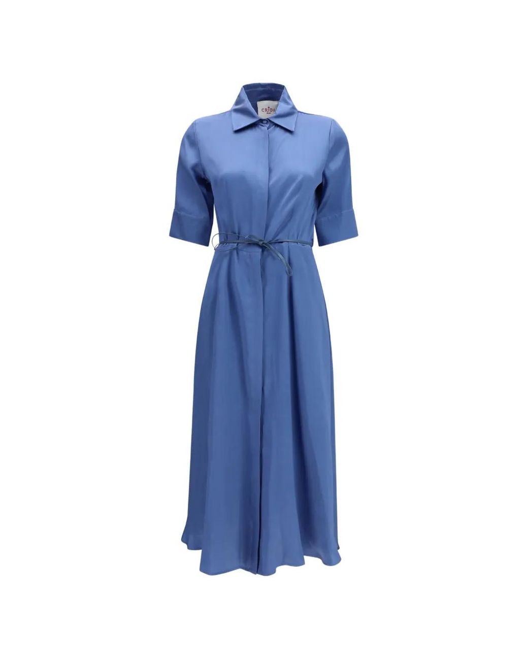 CRI.DA Blue Baldo Collared Tie-Detail Midi Cotton Dress