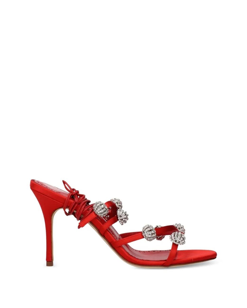 Manolo Blahnik Red Sandales En Satin À Ornements En Cristal