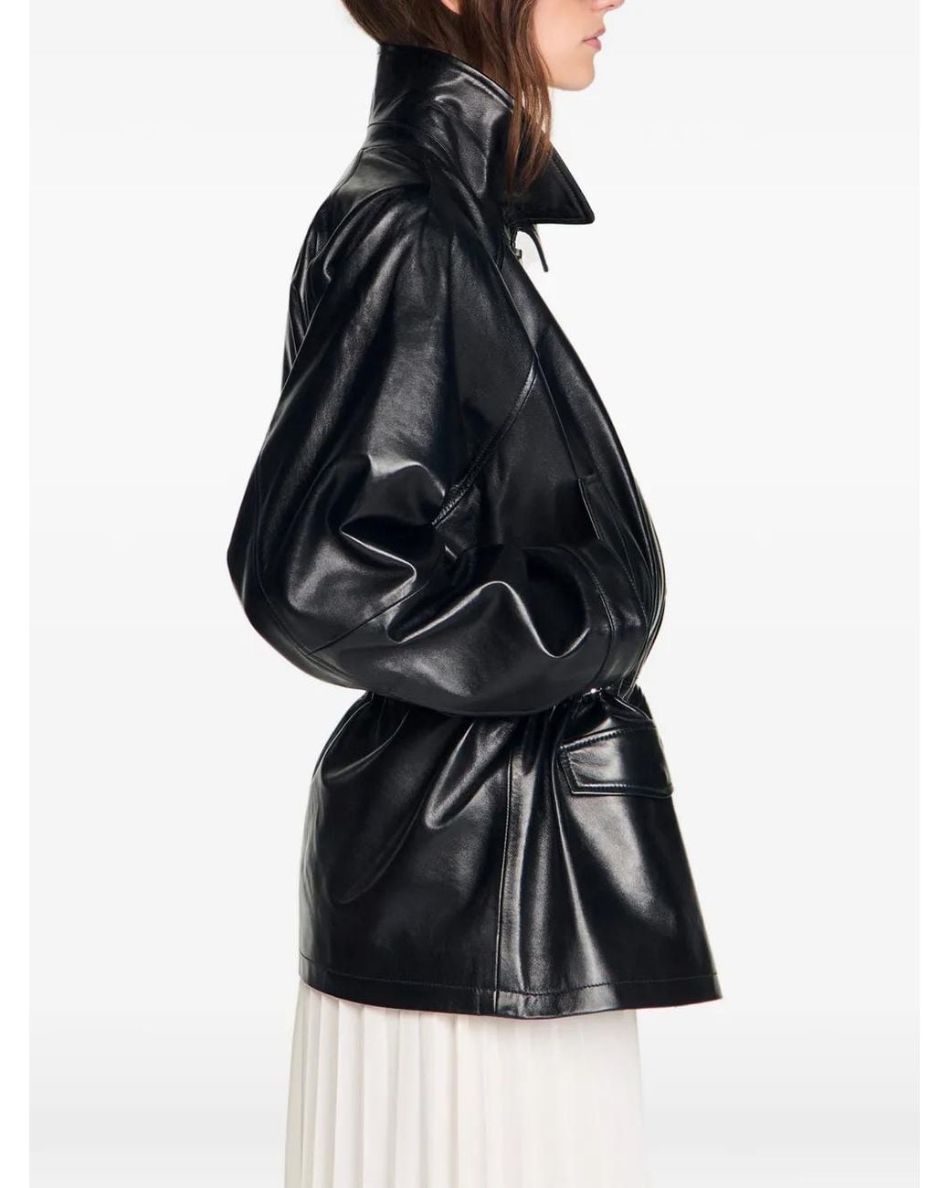 Sandro Black Shirt Collar Leather Jacket