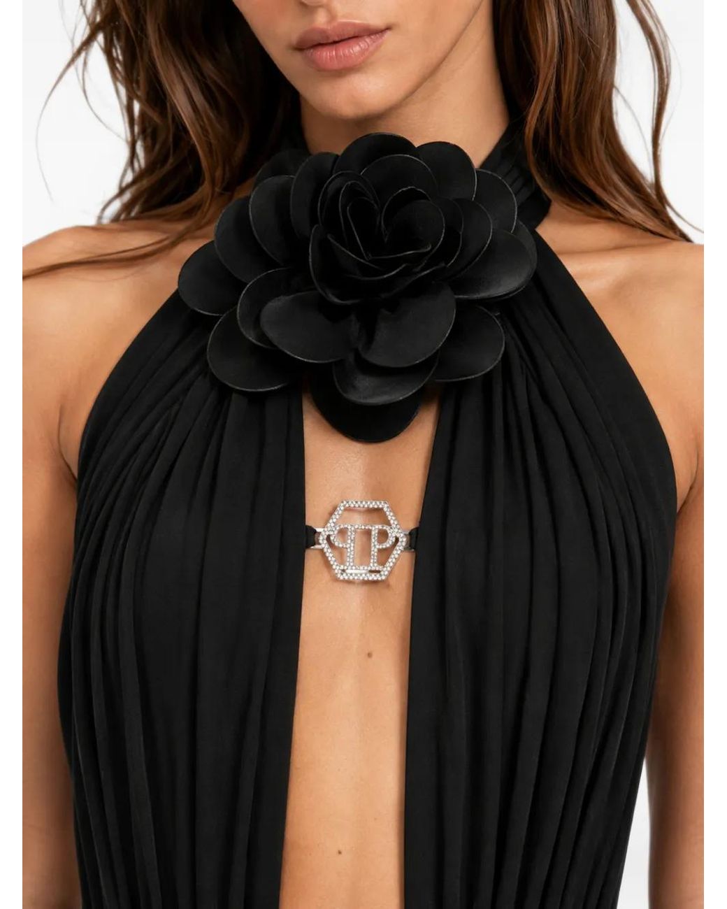 Philipp Plein Black Sleeveless Bodysuit Flower