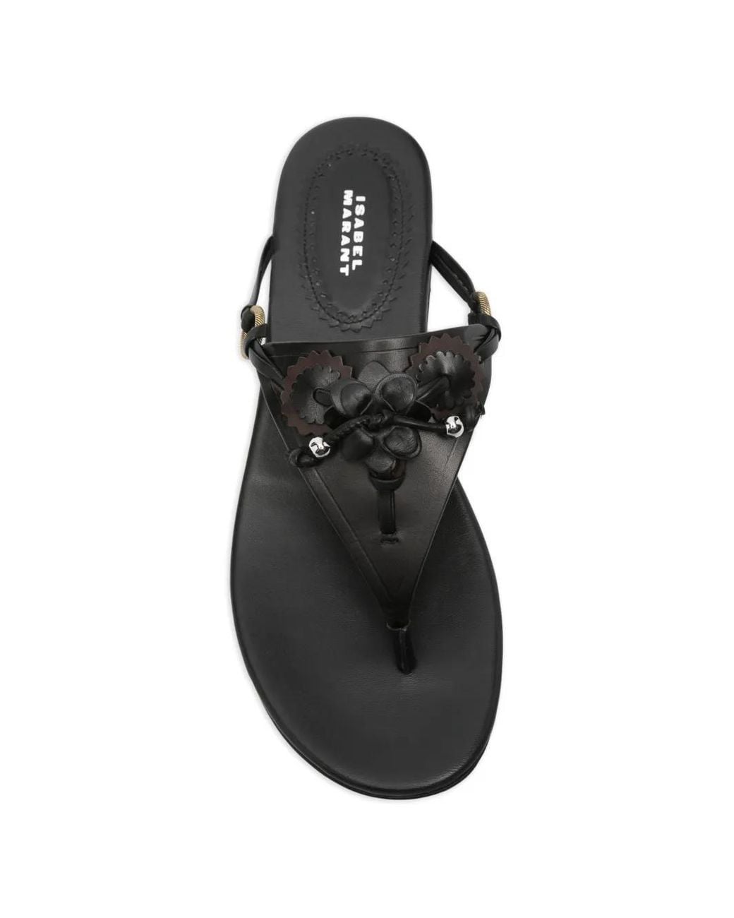 Isabel Marant Black Elato Leather Flowers-Detail Flat Sandals