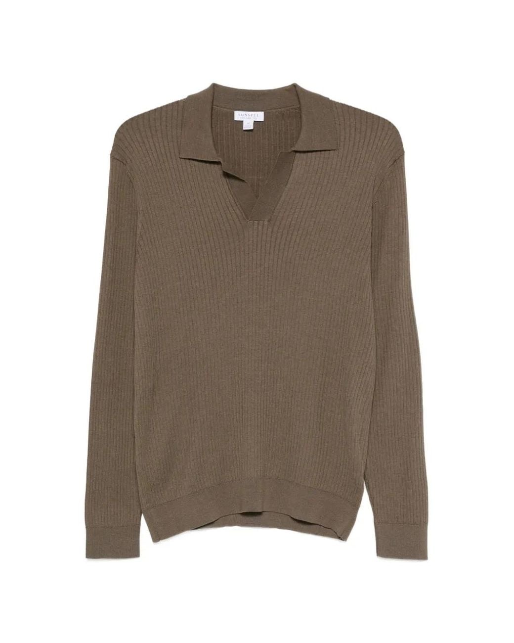 Sunspel Brown Ribbed-Knit Long-Sleeve Polo Shirt for men