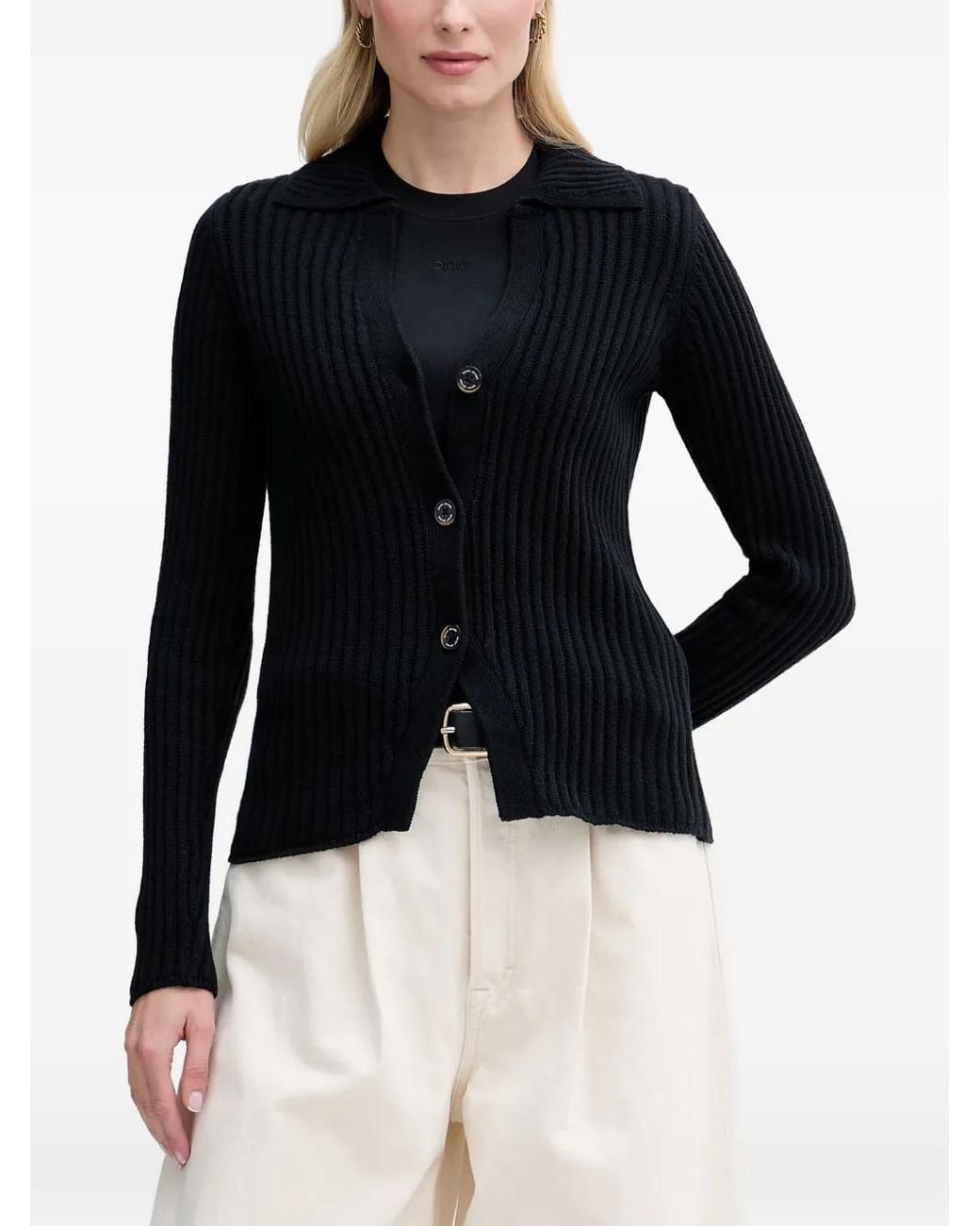 DKNY Black Ribbed-Knit Spread-Collar Cardigan