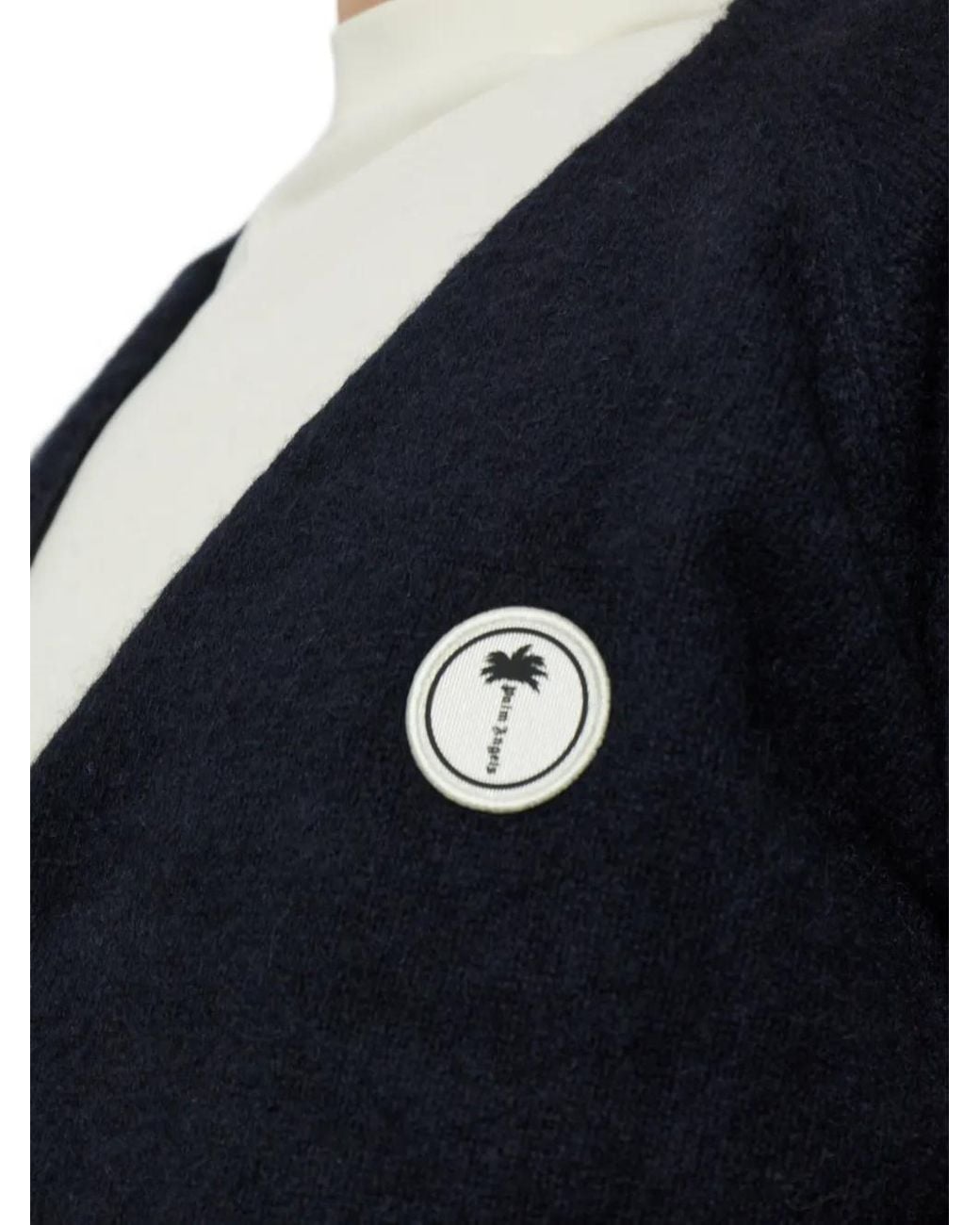 Palm Angels Blue Logo-Patch Intarsia-Knit Cardigan for men