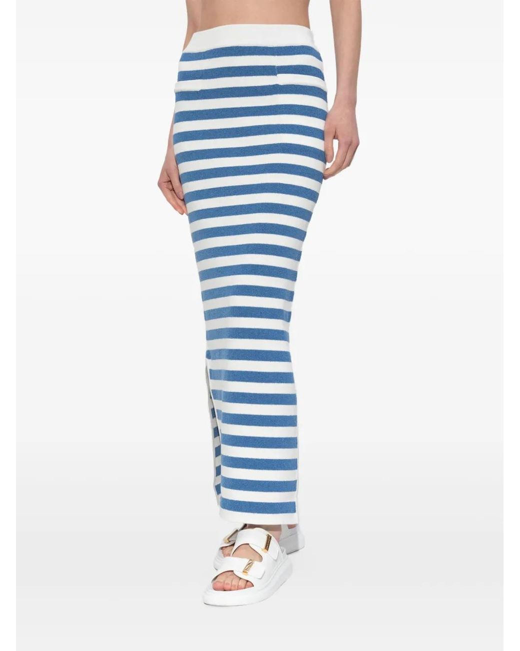 Posse Blue Stripe Side-Split Midi Fitted Skirt