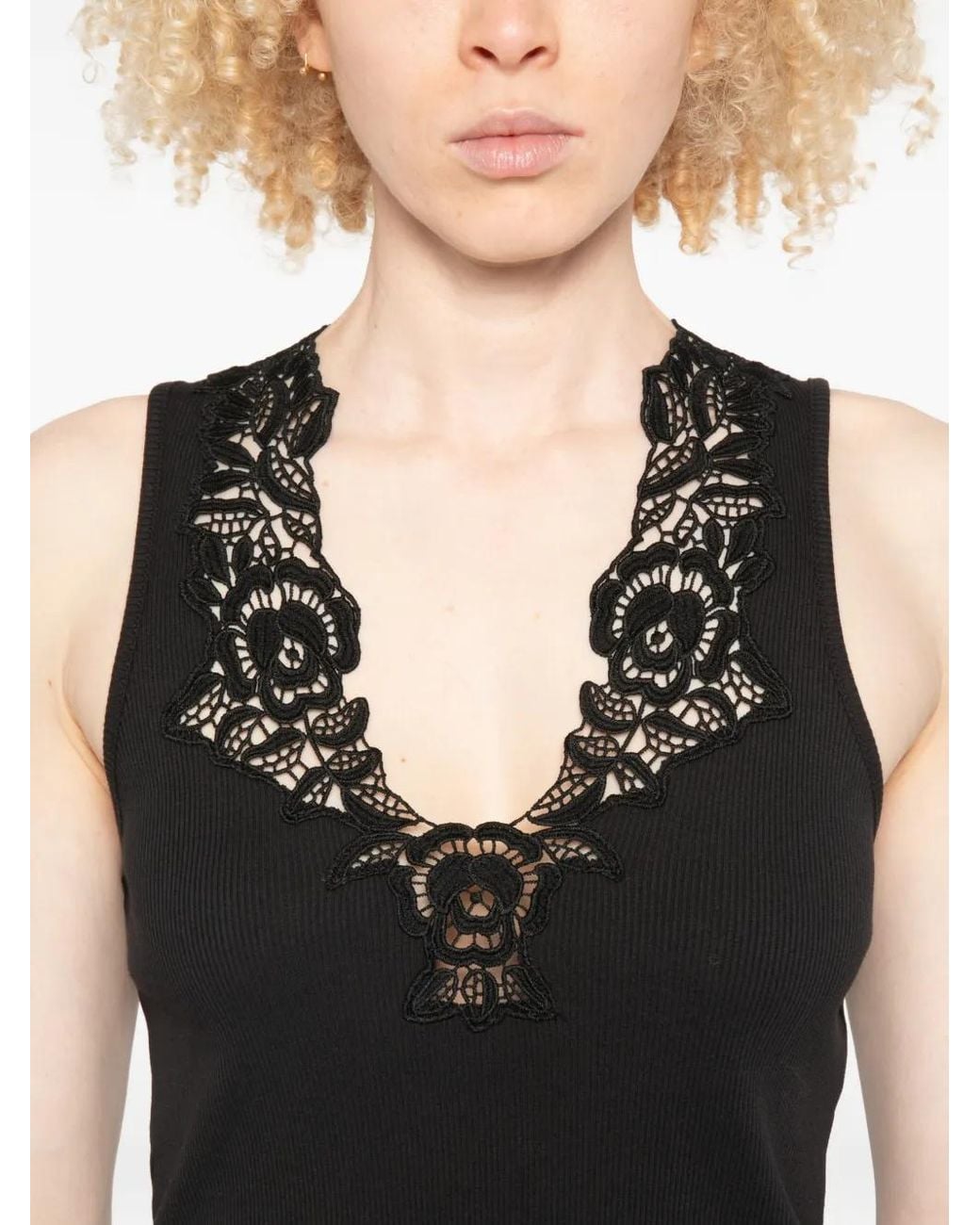Twinset Black Ribbed Top With Lace