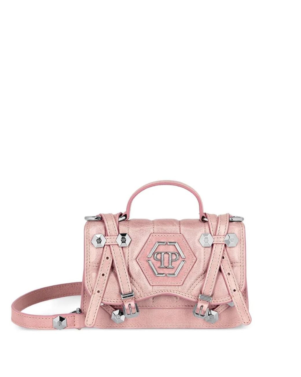 Philipp Plein Pink Crackle Leather Belt Handle Bag Small Hexagon