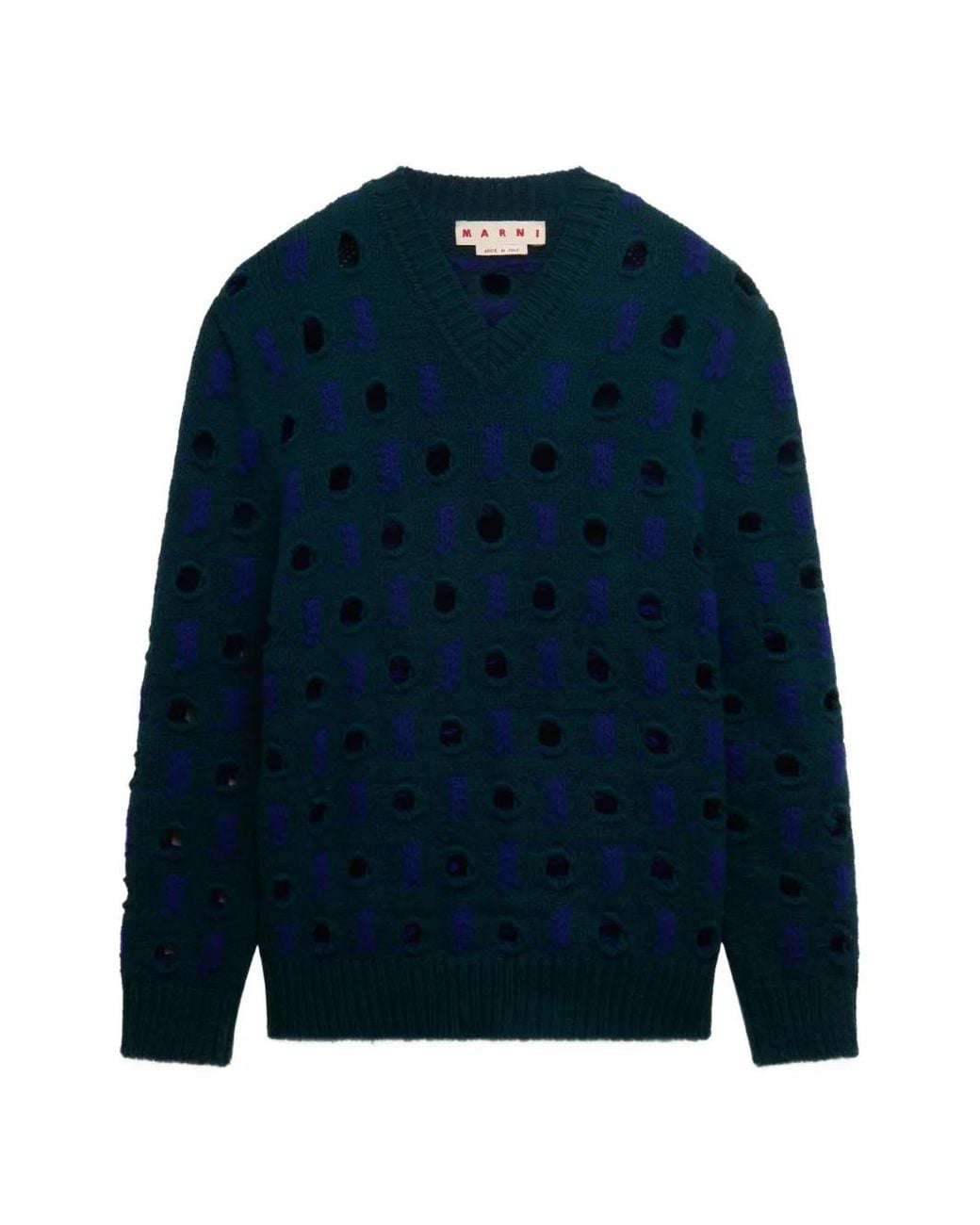 Marni Blue Wool-Cashmere Sweater With Cut-Out Polka Dots for men