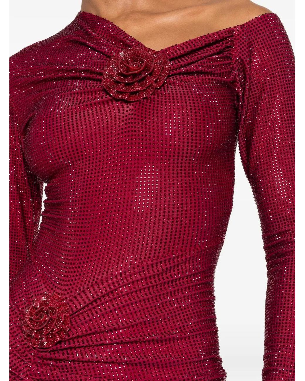 Miron Red Crystal-Embellished Flower-Accent Maxi Dress
