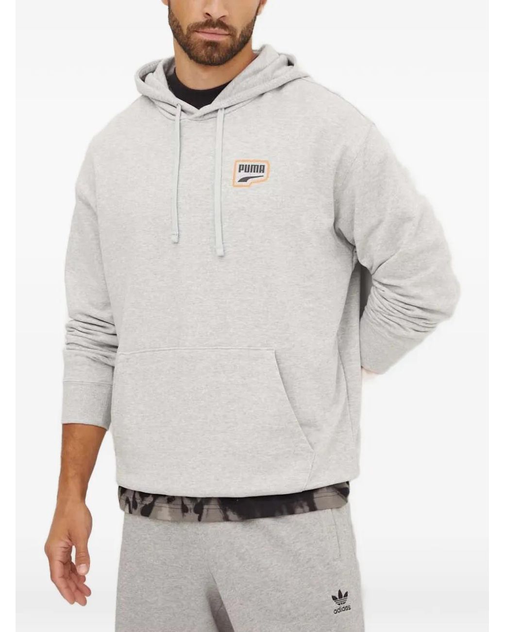 PUMA Gray Downtown Graphic-Print Drawstring Hoodie for men