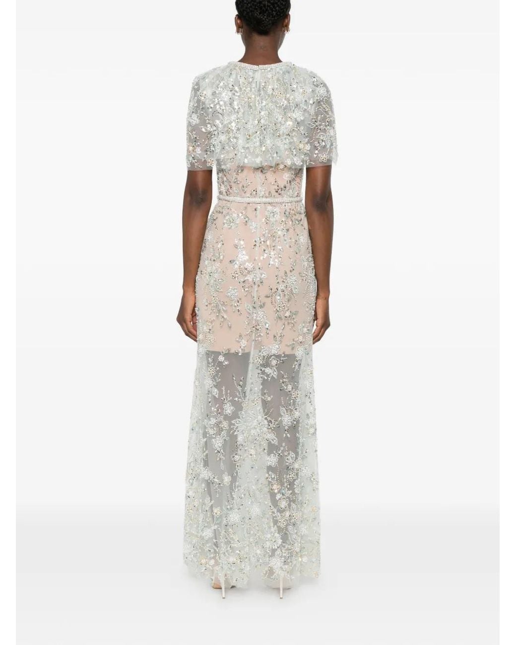 Self-Portrait White Sequin-Embellished Cape-Sleeve Maxi Dress