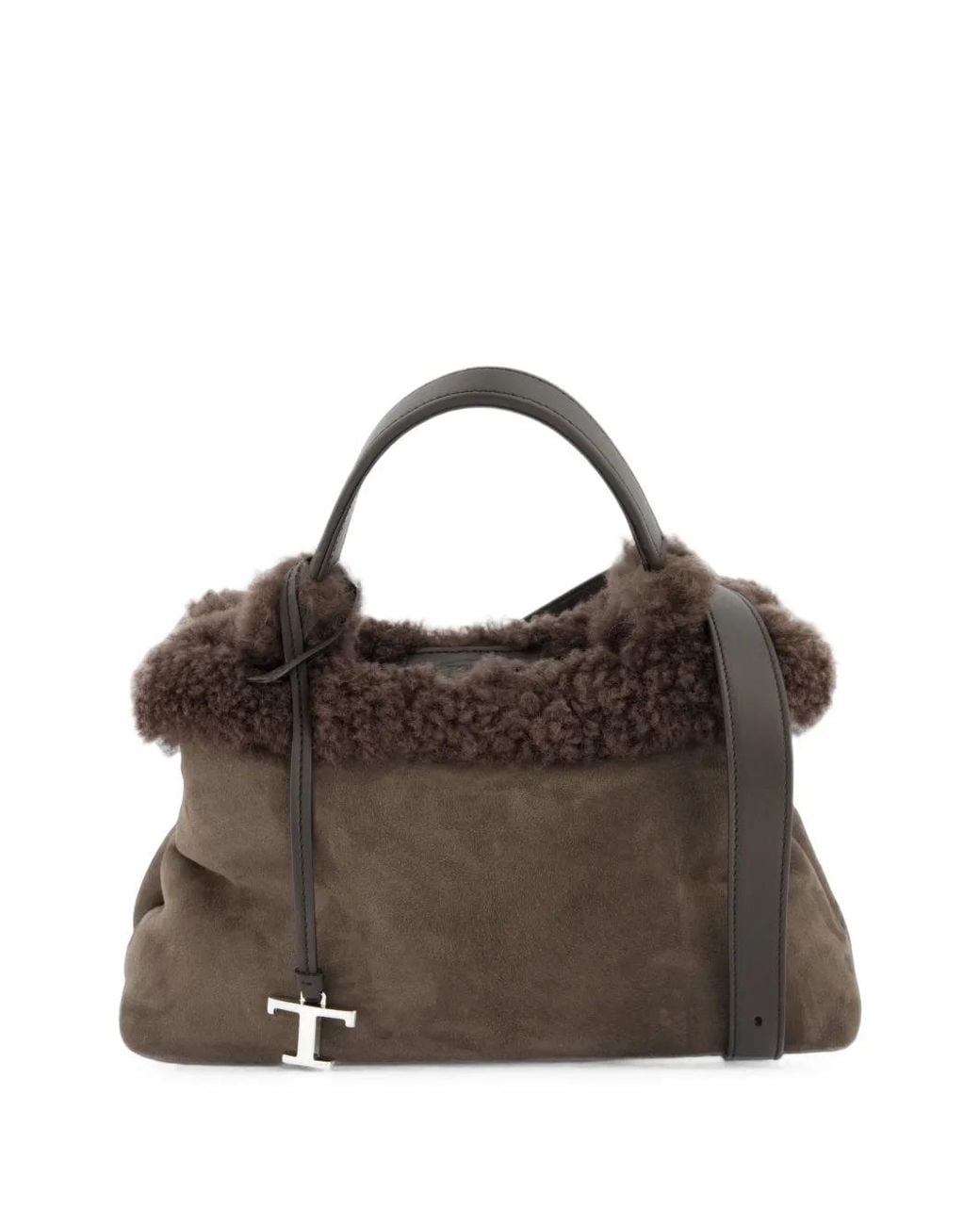Tod's Brown Shearling-Trim Leather Tote Bag