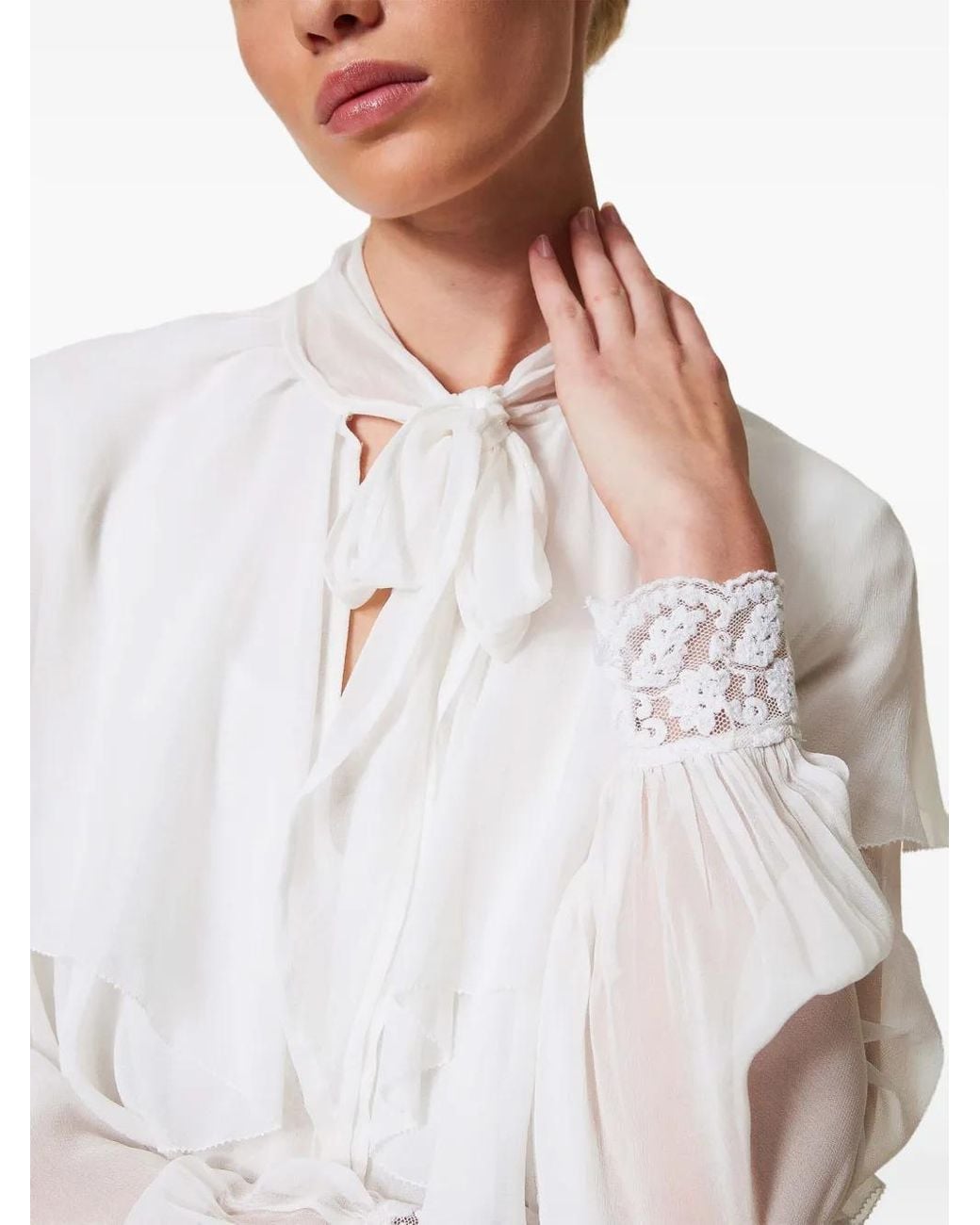 Twinset White Lace-Detail Georgette Blouse