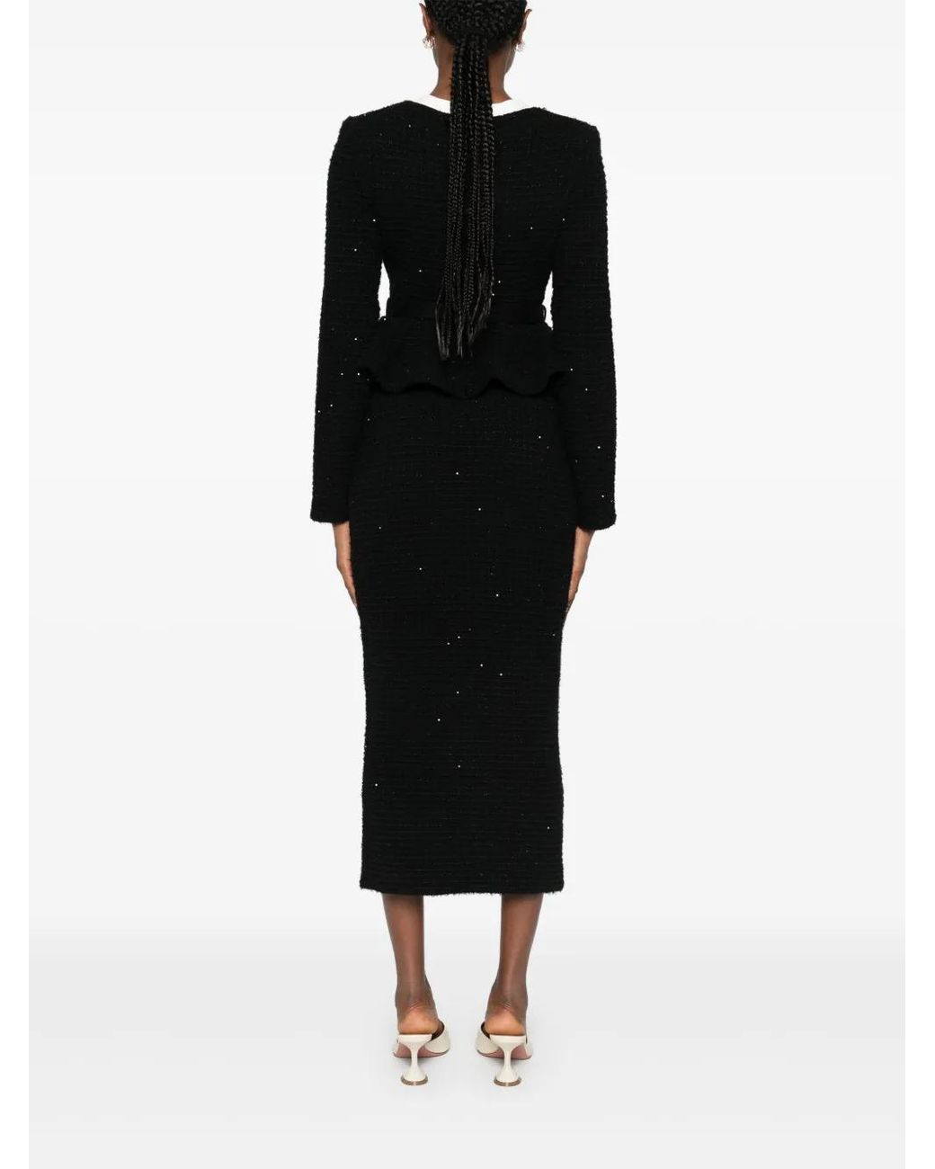 Self-Portrait Black Floral-Embellished Knitted Midi Dress