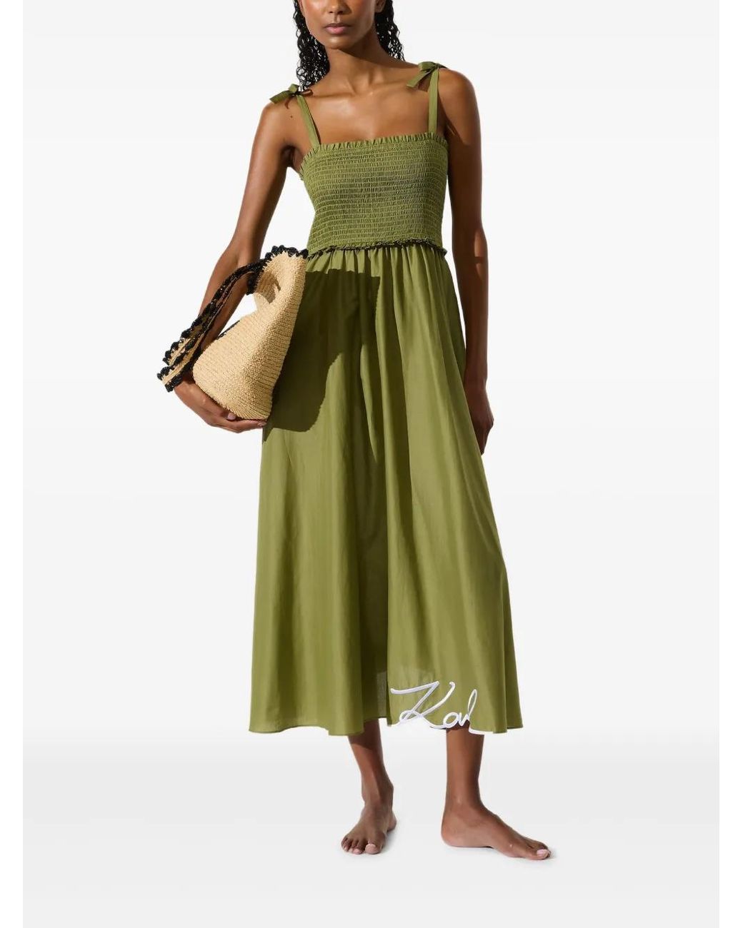 Karl Lagerfeld Green Midi Dress With Smocked Bodice And Square Neckline