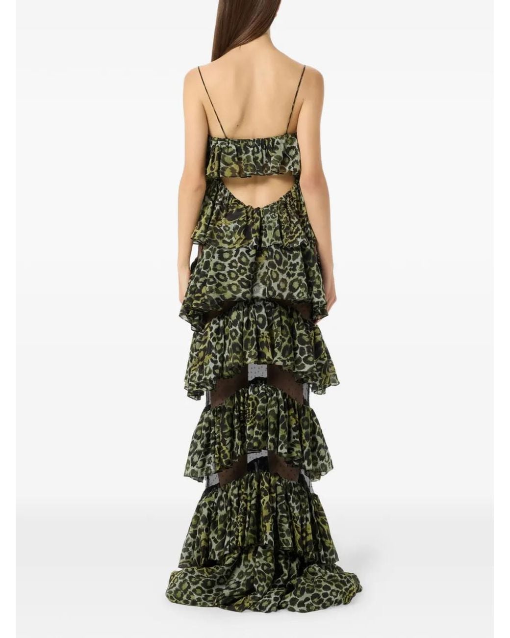 Blumarine Green Ruffled Animal-Print Maxi Dress