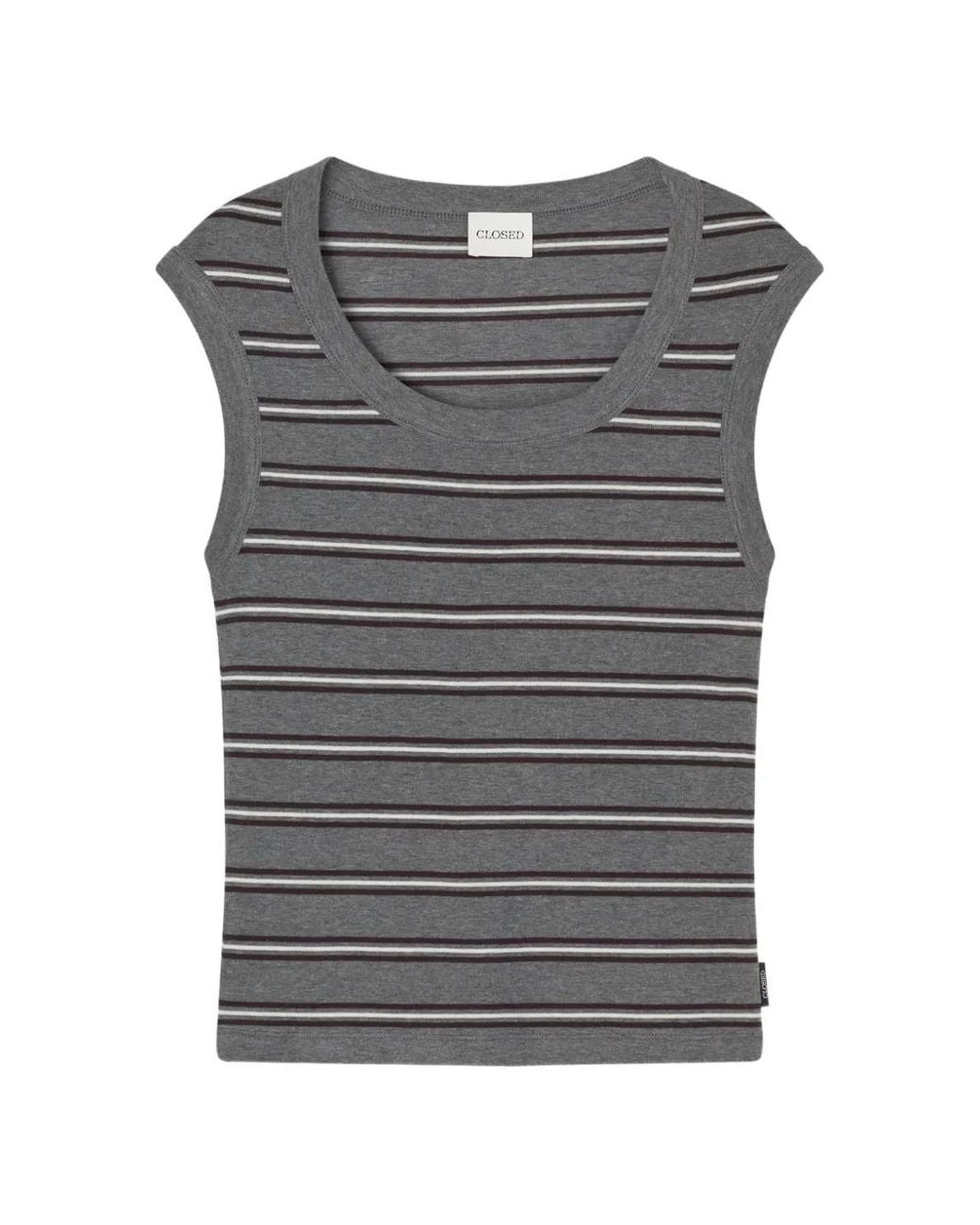 Closed Gray Striped Cap-Sleeve T-Shirt