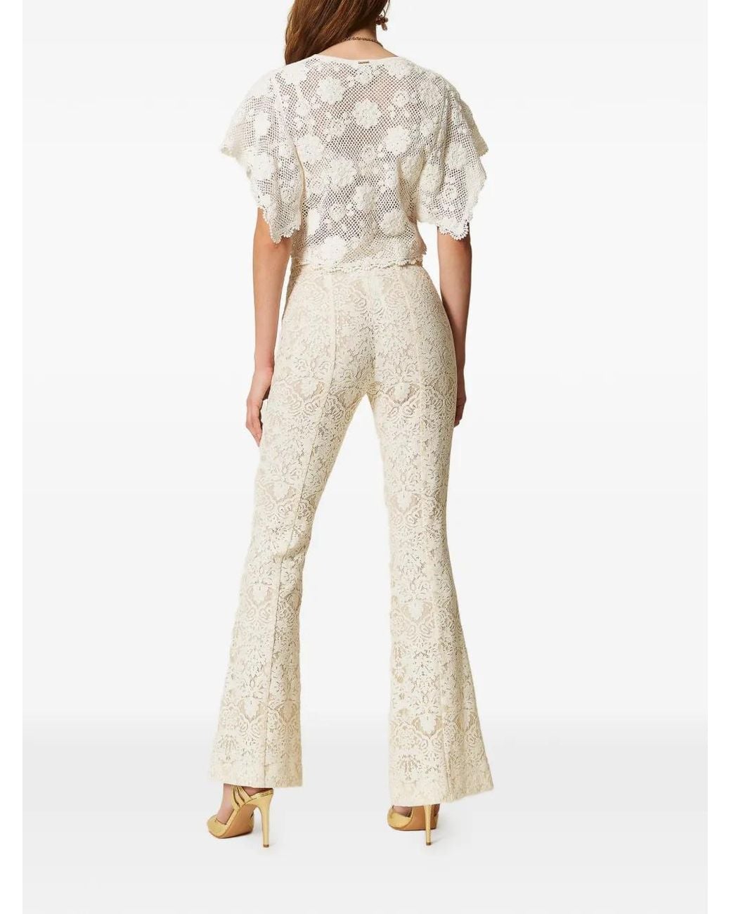 Twinset White Flared Lace Trousers With Belt