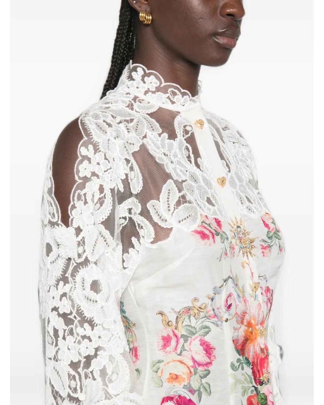 Camilla White Lace-Panelled Floral-Print Mini Dress