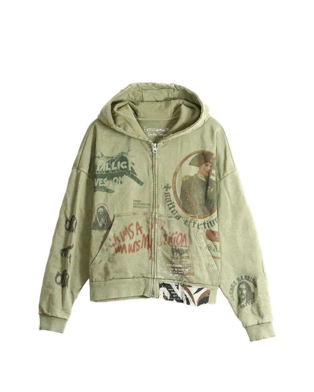 SAITOS Green Ghost Image Distressed Zip-Up Hoodie