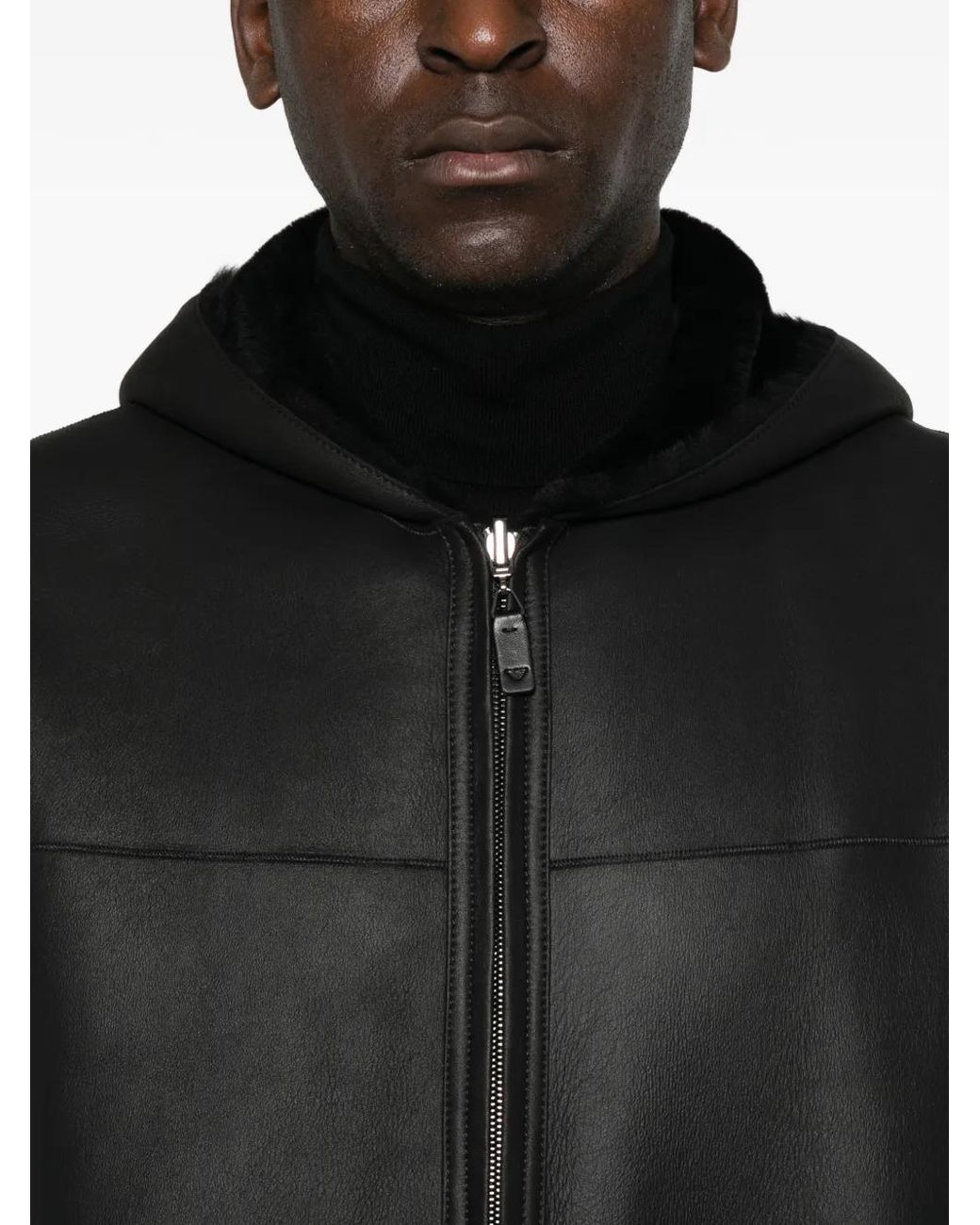 Emporio Armani Black Hooded Shearling Jacket for men