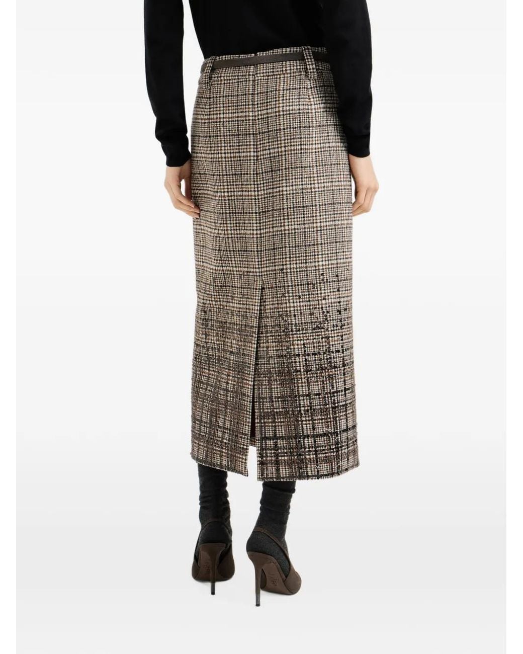 Brunello Cucinelli Black Checked Alpaca And Wool Pencil Skirt With Dazzling Dégradé Embroidery