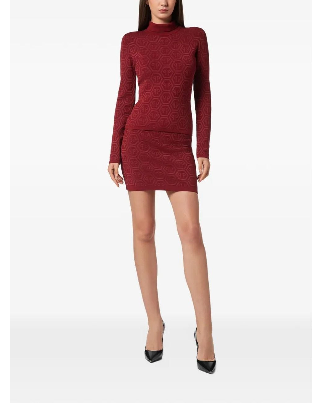 Philipp Plein Red Logo-Pattern Turtleneck Sweater