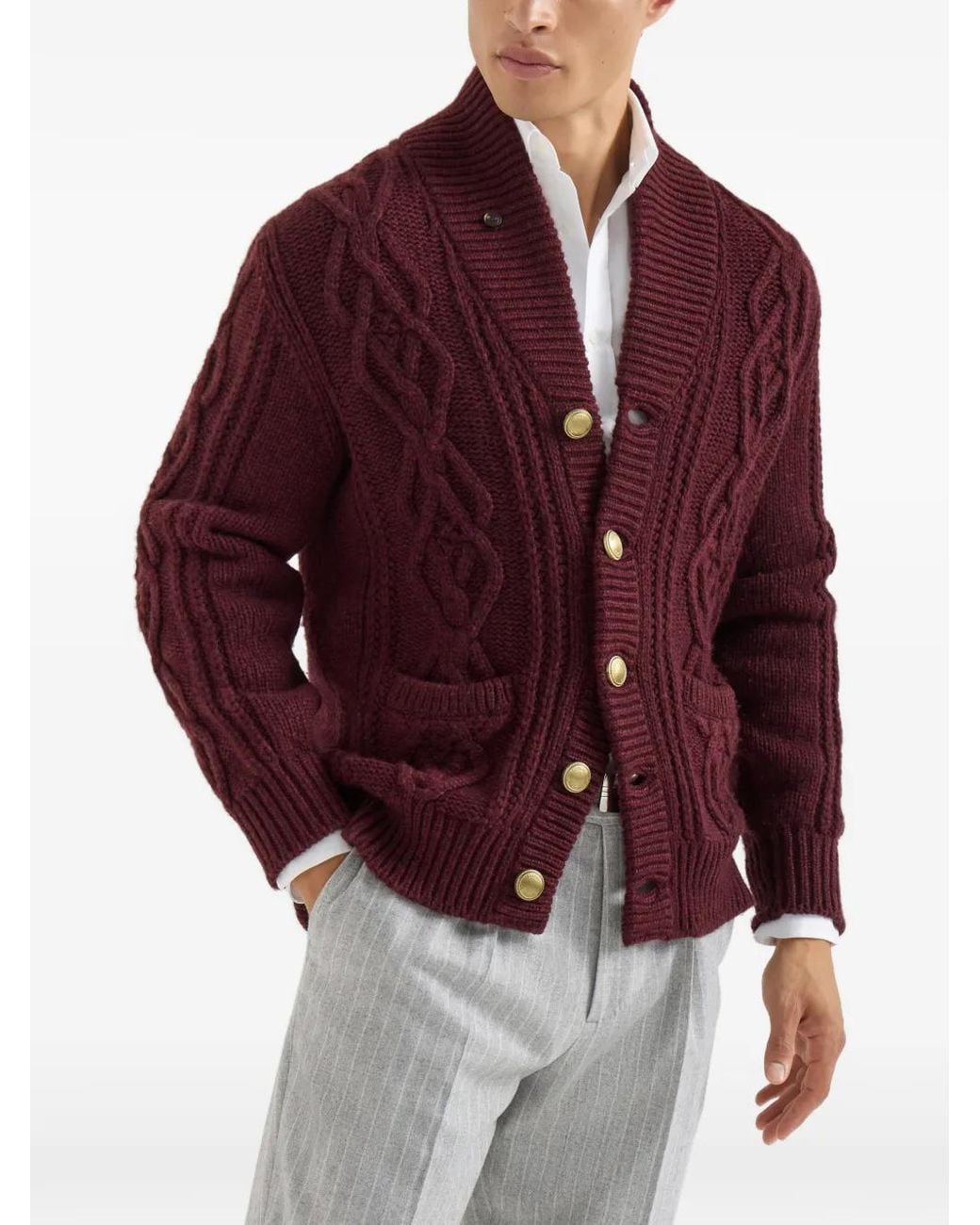 Brunello Cucinelli Purple Cashmere Feather-Yarn Cable-Knit Cardigan With Metal Buttons for men