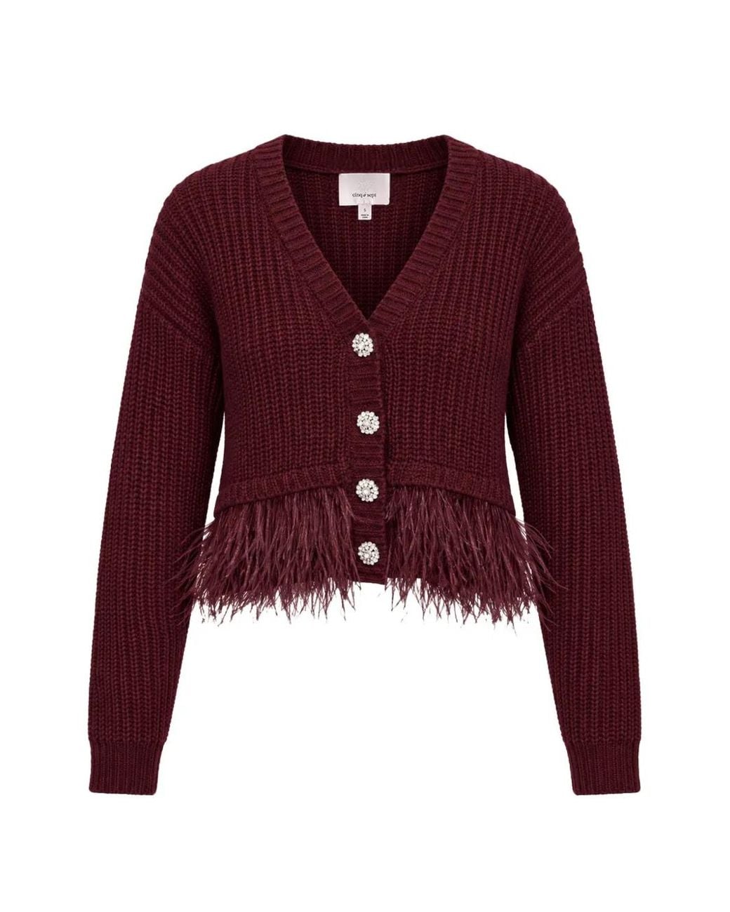 Cinq À Sept Red Cardigan Bordé De Plumes À Boutons En Cristal