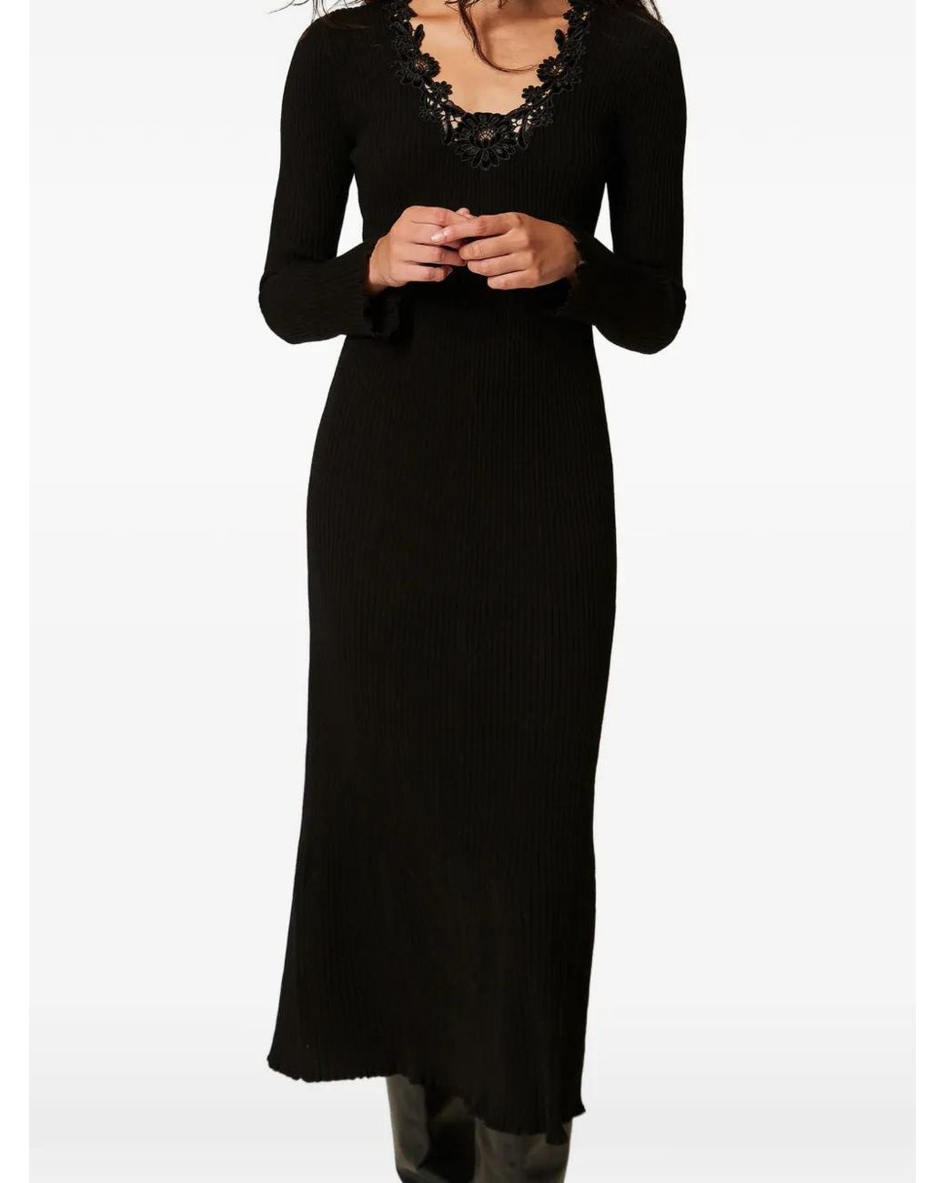 Twinset Black Long Knit Dress With Macramé Lace