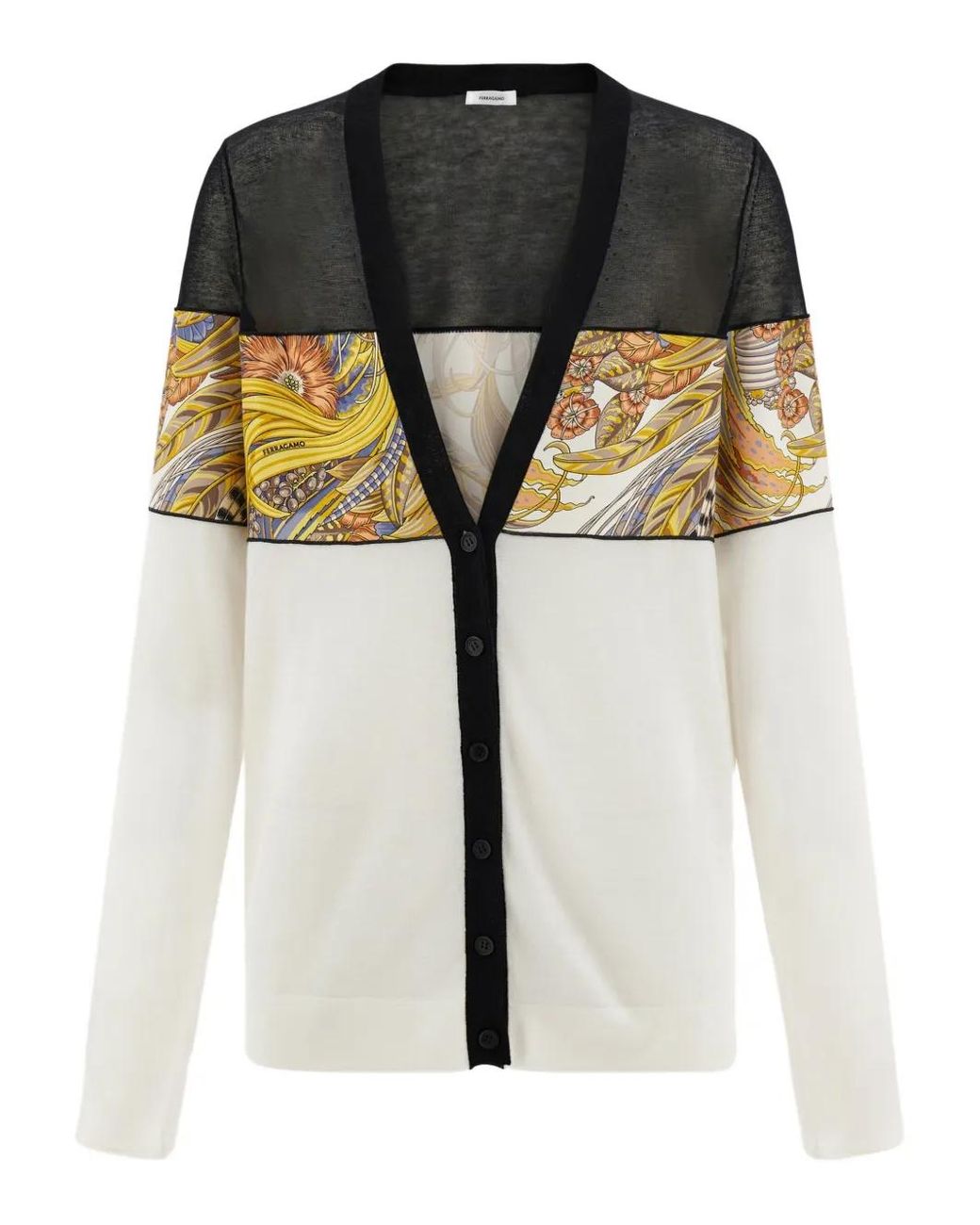 Ferragamo Black V-Neck Cardigan With Silk Inserts