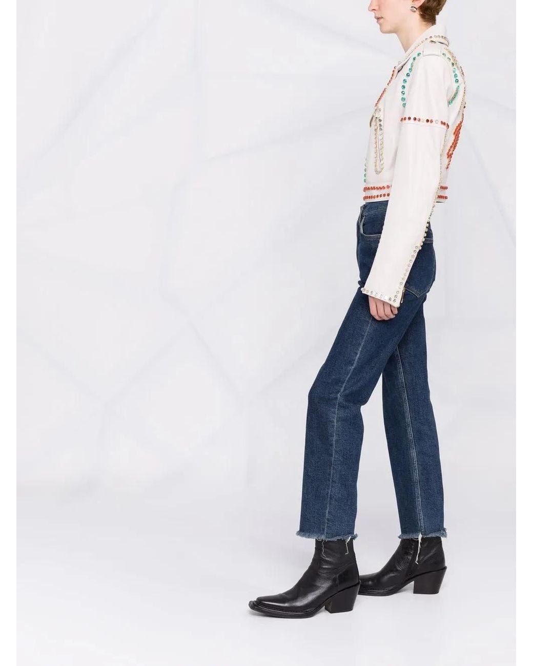 Philipp Plein White Crystal-Trim Studded Cropped Biker Jacket